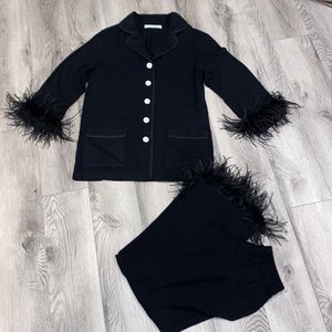Sleeper Feather Trim Black Pajama Set S